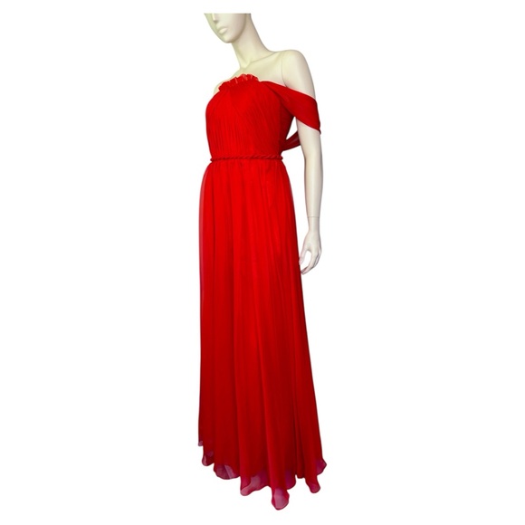 Elegant Red Silk Off-Shoulder Maxi Dress SX - Picture 6 of 9